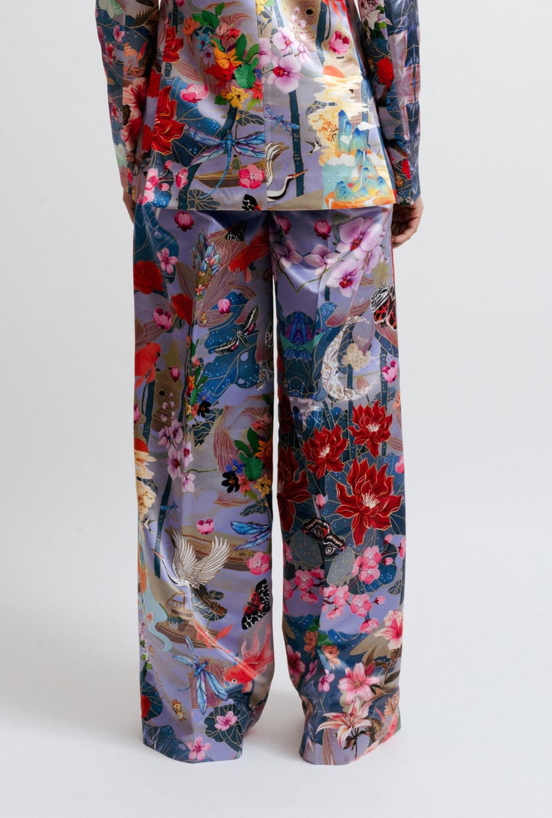 Multicolor Digital Print Wide-Leg Satin Trousers