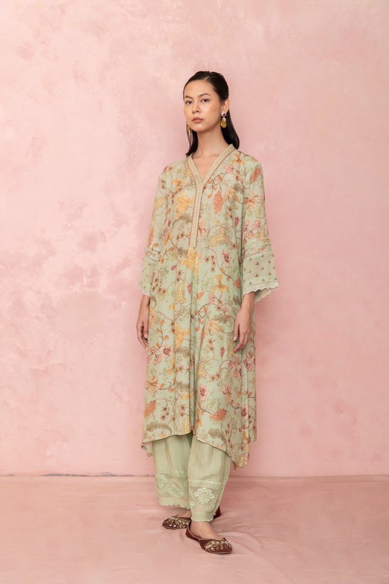 Green Floral V-Neck Kurta and Straight Pants Co-ord Set