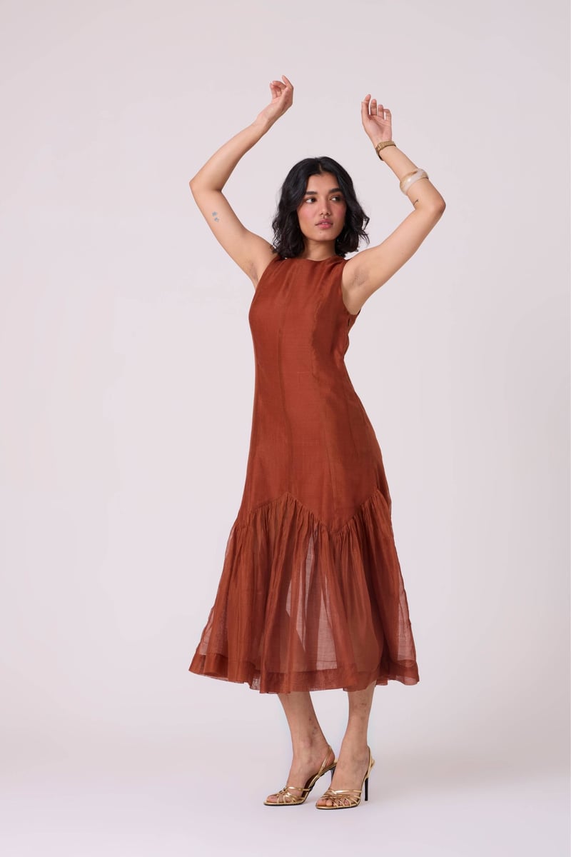 Copper Sleeveless A-Line Tiered Midi Dress