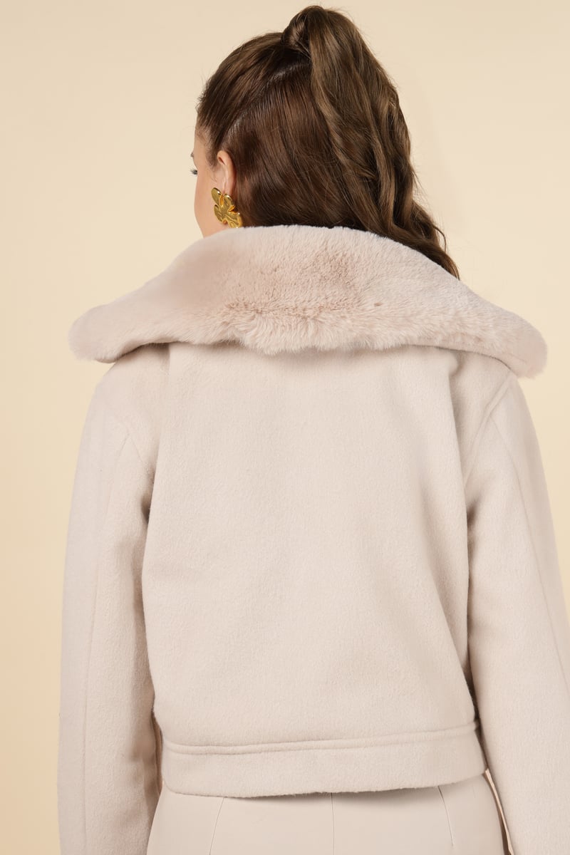 Beige Cropped Button-Front Jacket with Faux-Fur Collar
