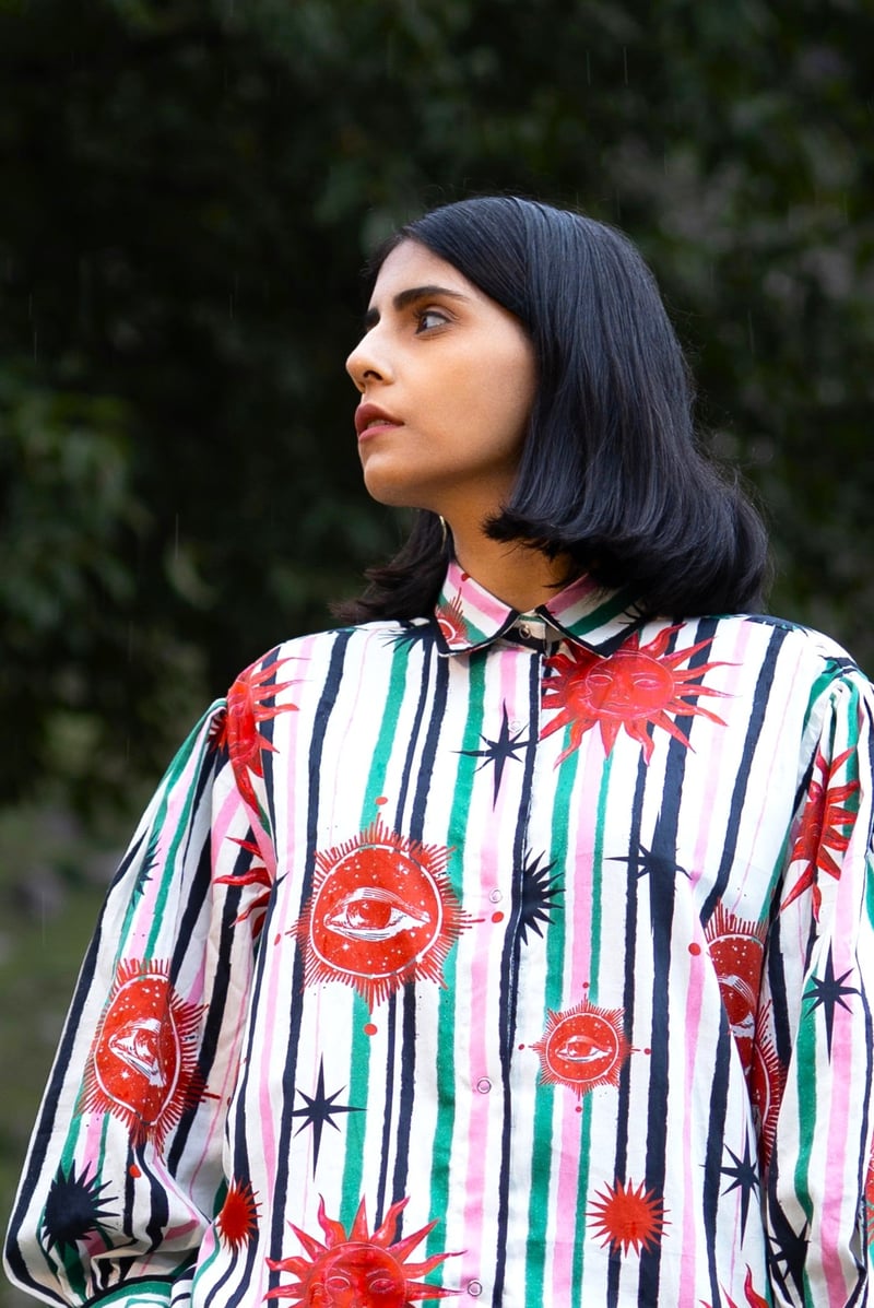 White and Green Striped Celestial Print Button-Down Shirt