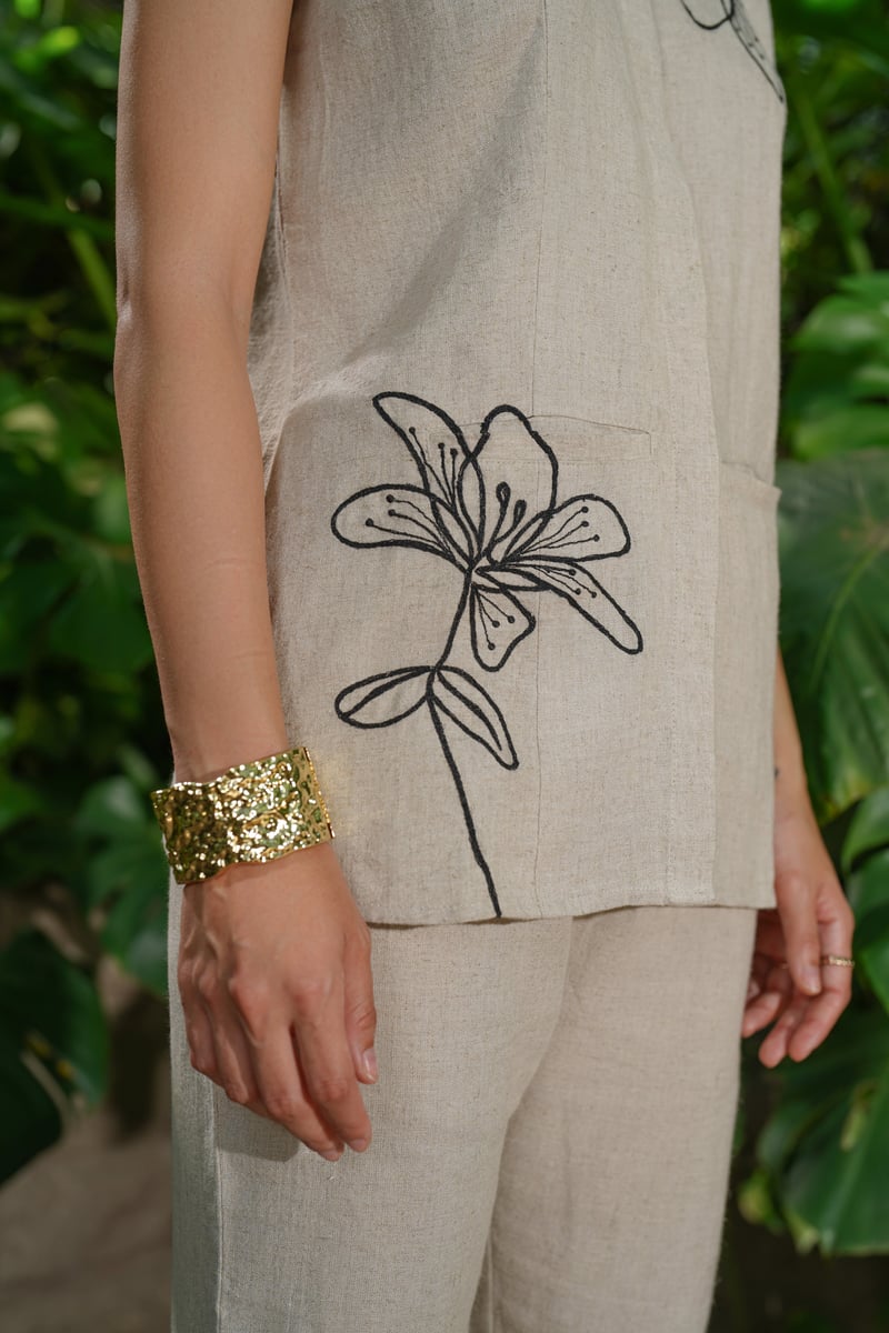 Natural Linen Sleeveless A-Line Top with Embroidery