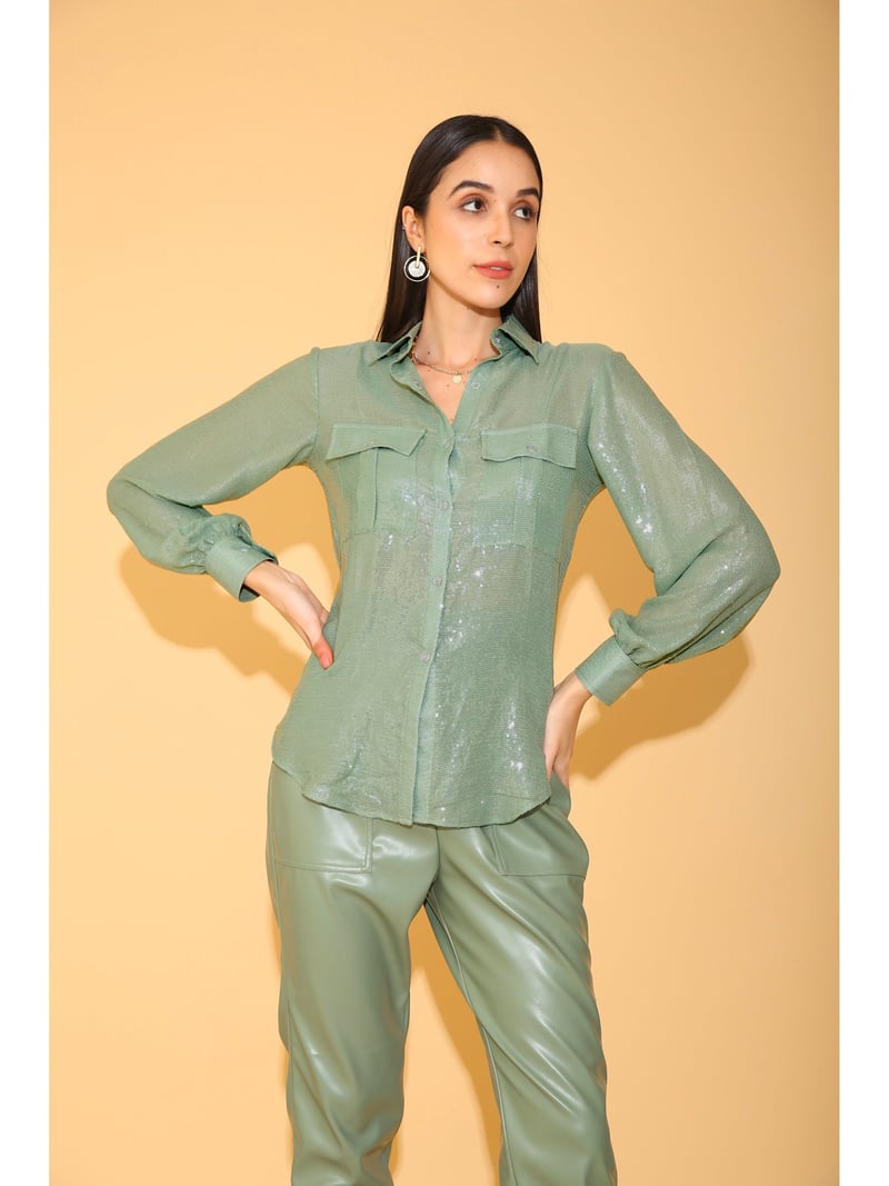 Aqua Blue Sequins Georgette Shirt with Balloon Sleeves
