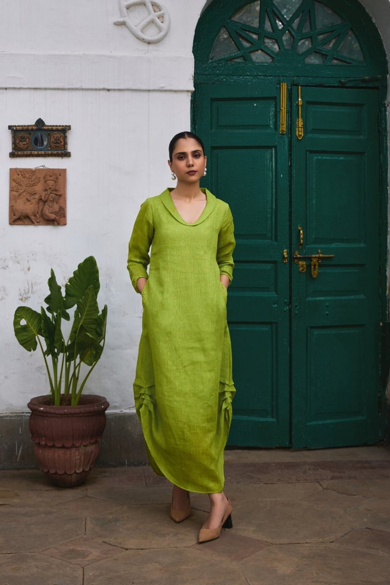 Green Linen Straight Midi Dress with Ruffle Detail