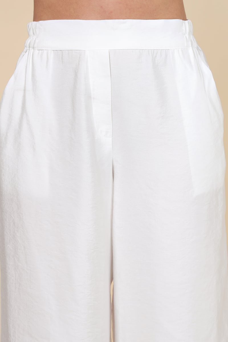 White Wide-Leg Pull-On Trousers with Side Pockets