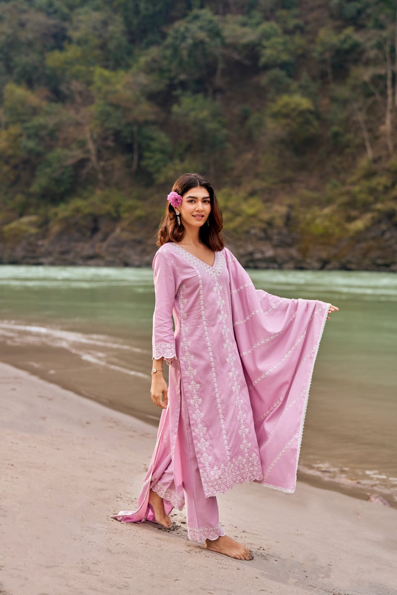 Lavender Cotton Embroidered Straight Kurta Set with Dupatta