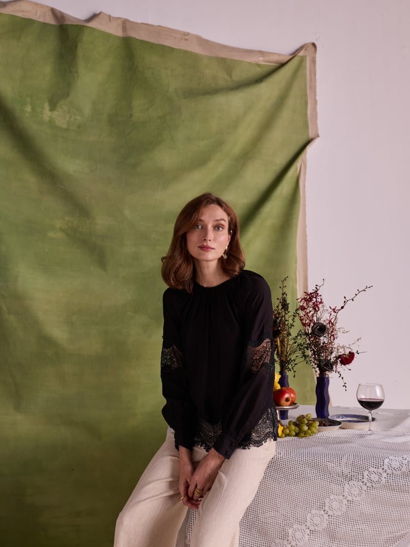 Black Flowy Lace-Detail Top with Full Sleeves