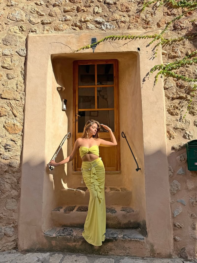 Yellow Ruched Ruffle Maxi Skirt with Front Slit