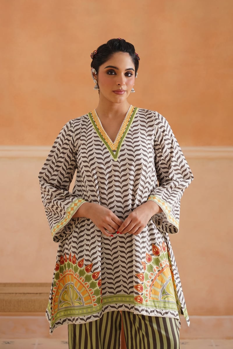 Green Chevron Print Kurta Set with Dupatta