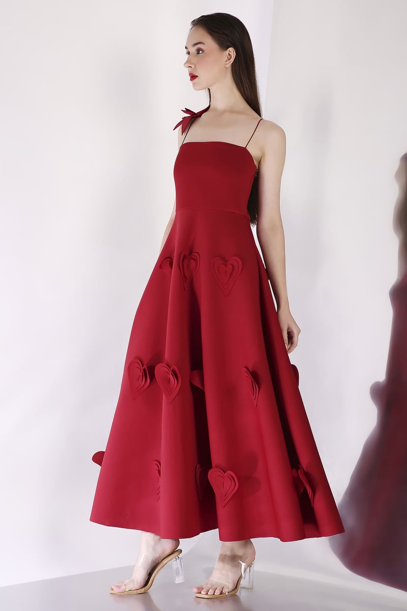 Red Fit and Flare Midi Dress with 3D Heart Applique