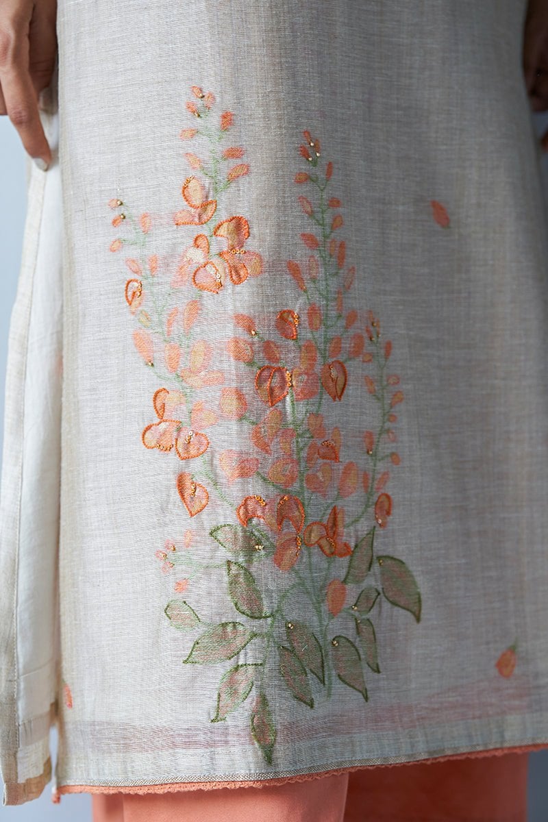Beige and Saffron Embroidered Kurta Suit Set with Dupatta