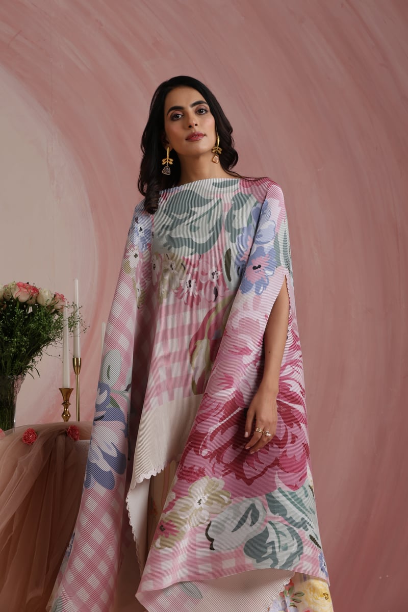 Rose Quartz Satin Floral Check Printed Pleated Cape