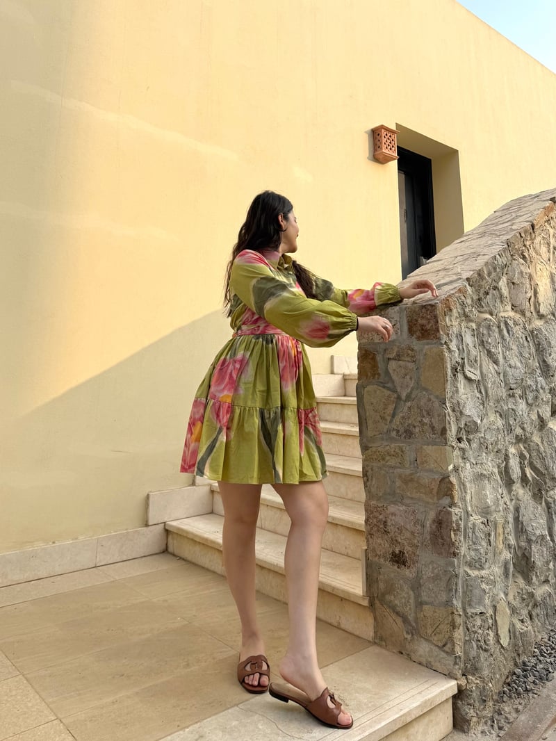 Olive/Pink Floral Mini Shirt Dress with Self Belt