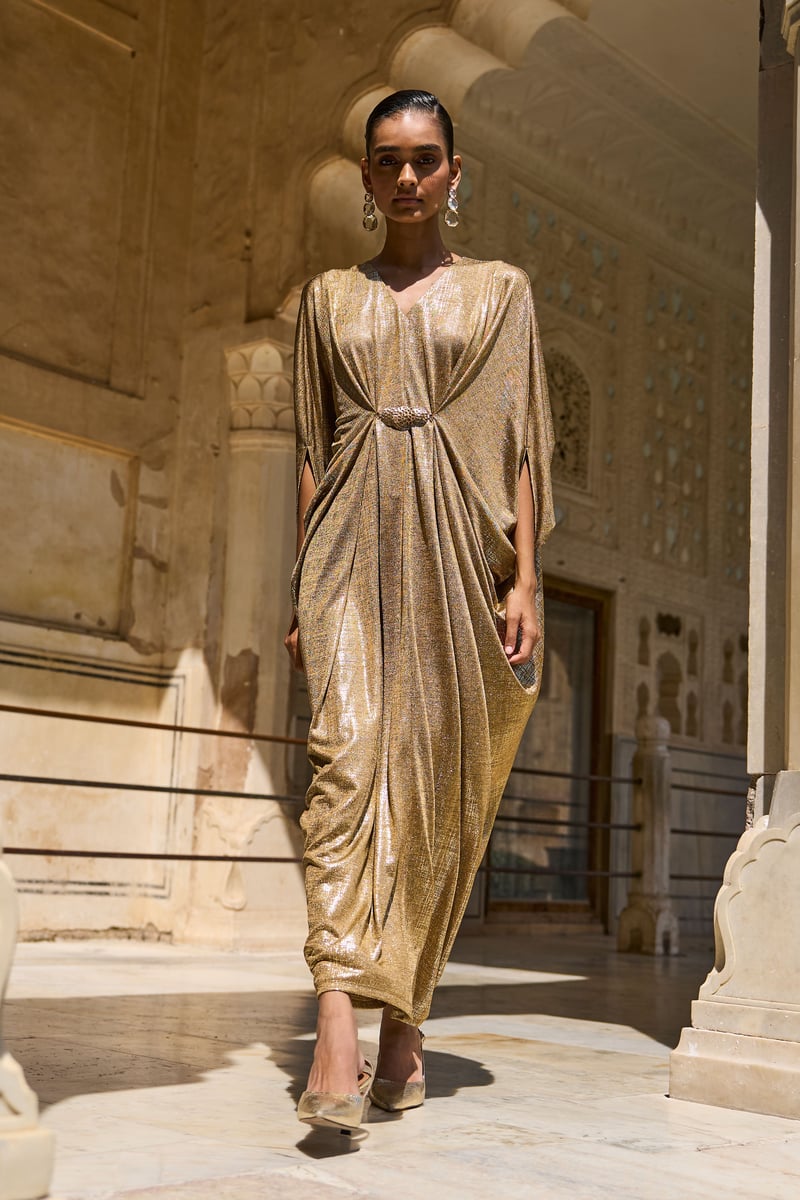 Gold Metallic Draped Maxi Kaftan with V-Neck