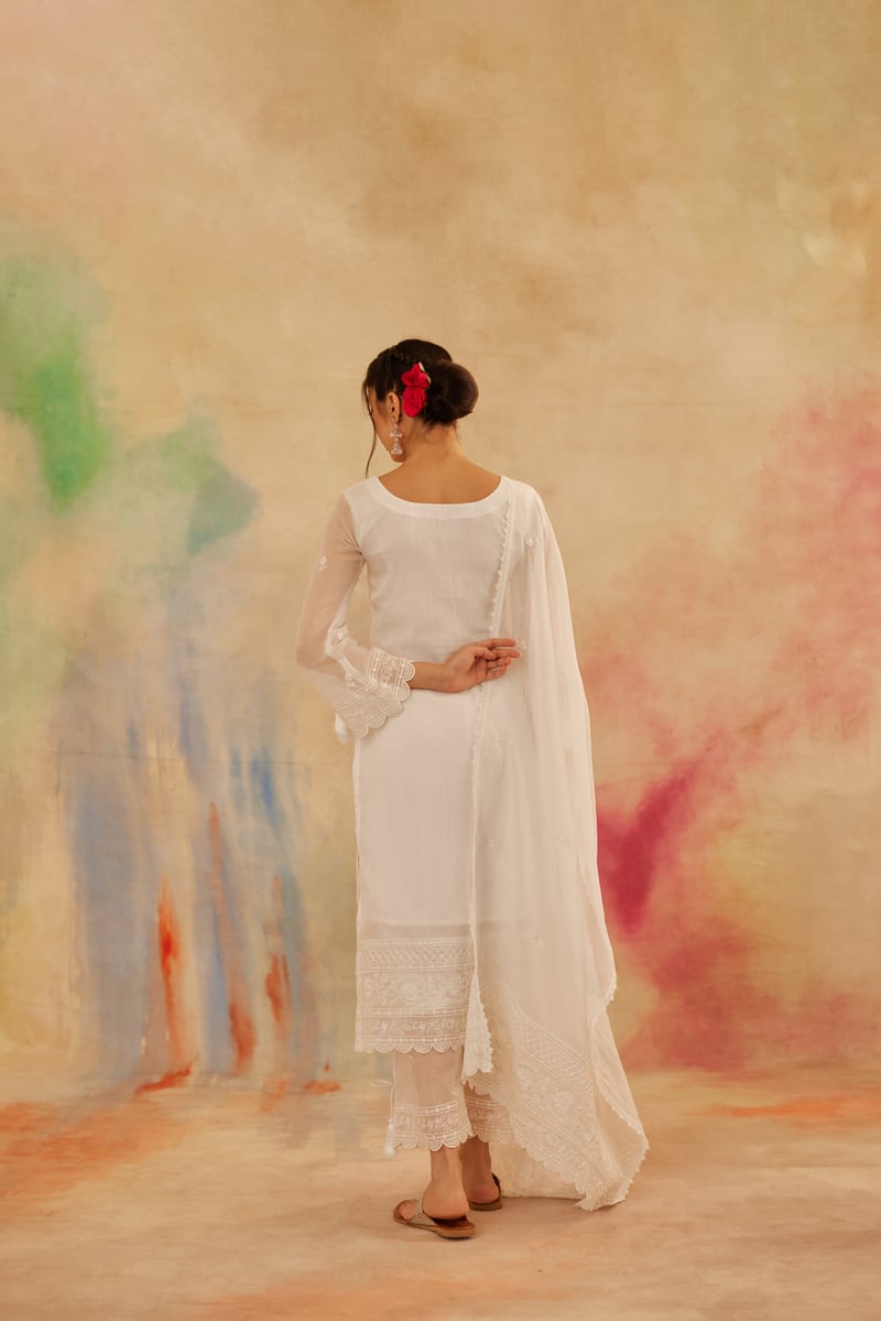 Ivory White Organza Embroidered Straight Suit Set