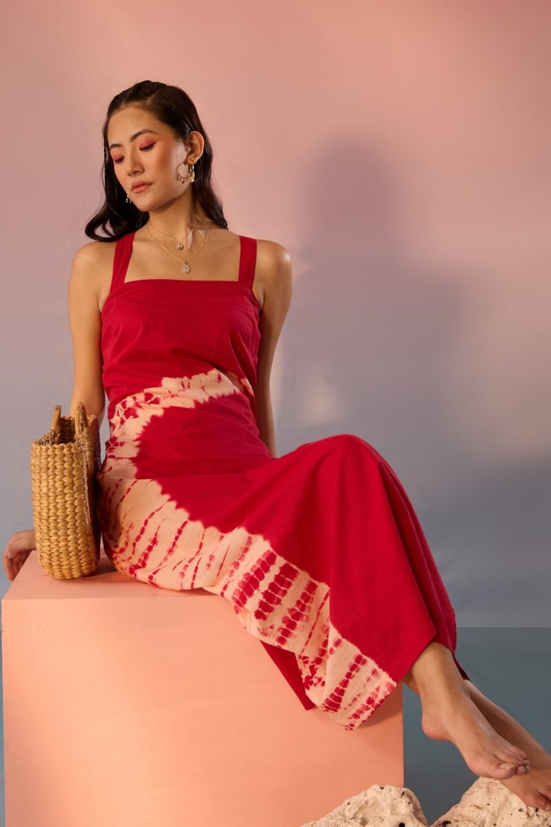 Red Tie-Dye Maxi Slip Dress with Crisscross Back