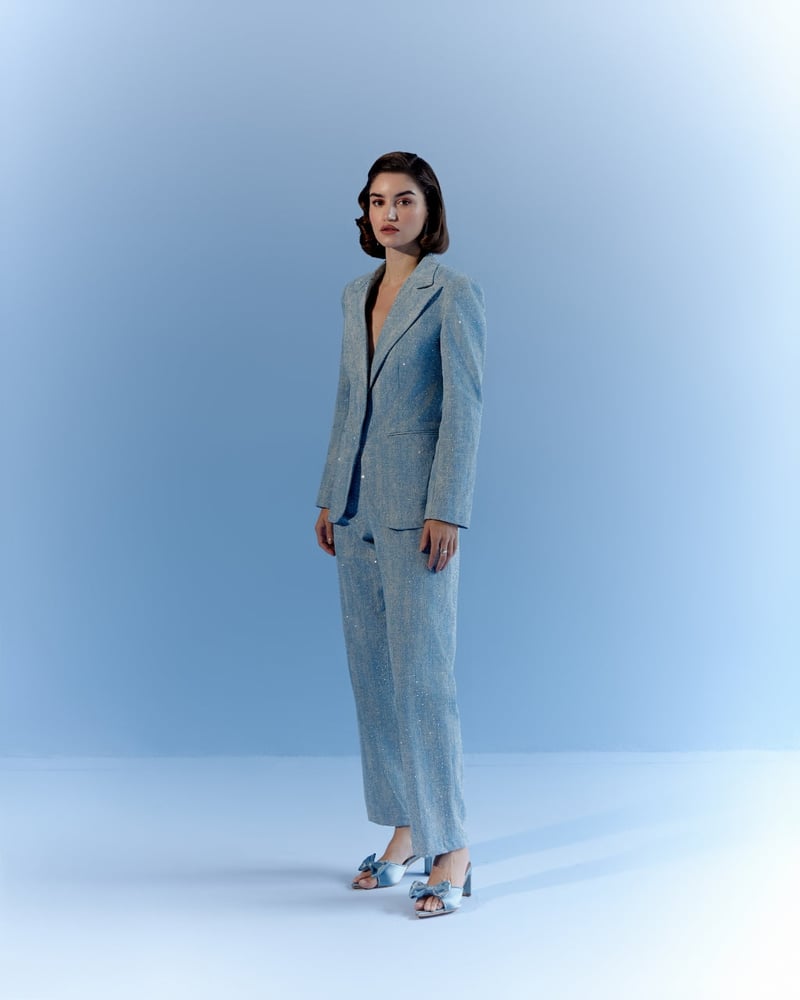 Light Blue Denim Rhinestone Blazer and Trouser Co-ord Set