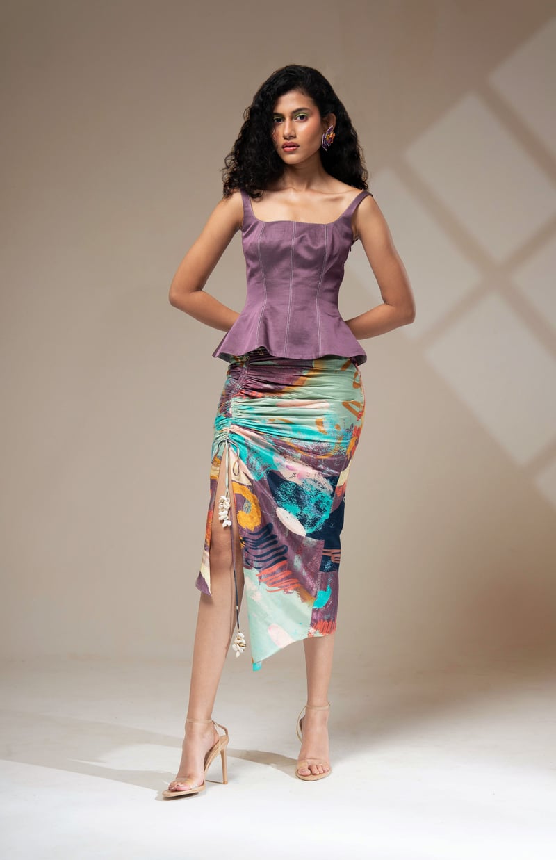 Multicolour Peplum Top and Ruched Midi Skirt Co-ord Set — ADVAIT
