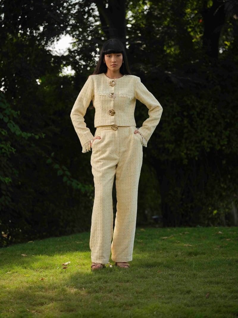 Butter Yellow Tweed Jacket and Straight Pants Co-ord Set — RIBELLE