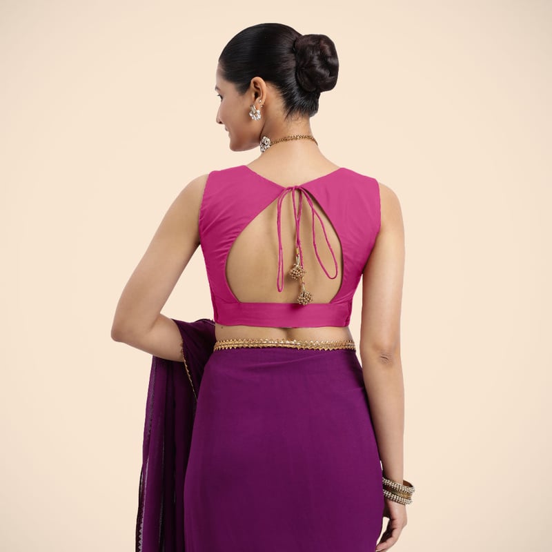 Hot Pink Sleeveless Saree Blouse with Curved V-Neck