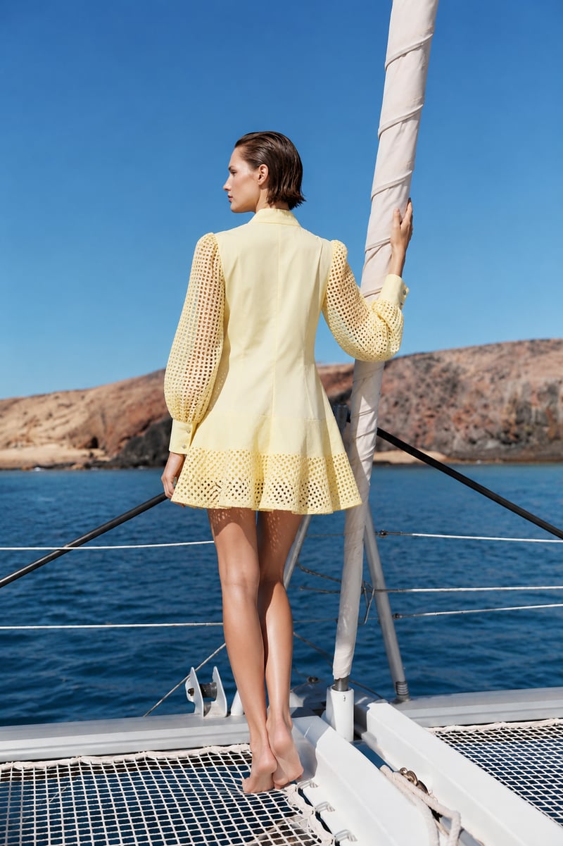 Yellow Tie-Neck Button-Down Fit and Flare Mini Dress
