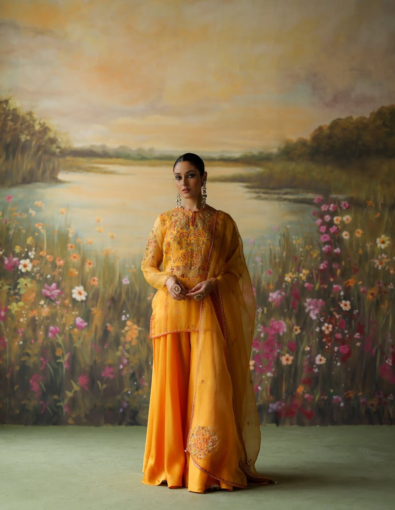Turmeric Yellow Embroidered Organza Kurta Sharara Set
