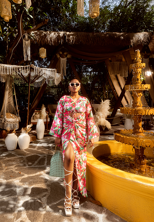 Hot Pink Lotus Print Cut-Out Maxi Dress