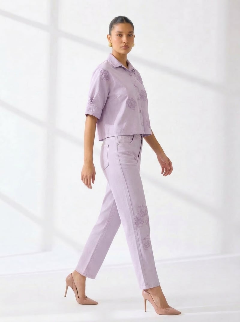 Lavender Denim Shirt and Straight-Leg Pants Co-ord Set
