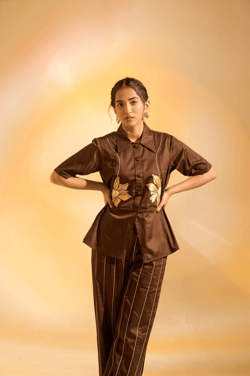 Brown Cotton Satin Embroidered Shirt and Pants Co-ord Set
