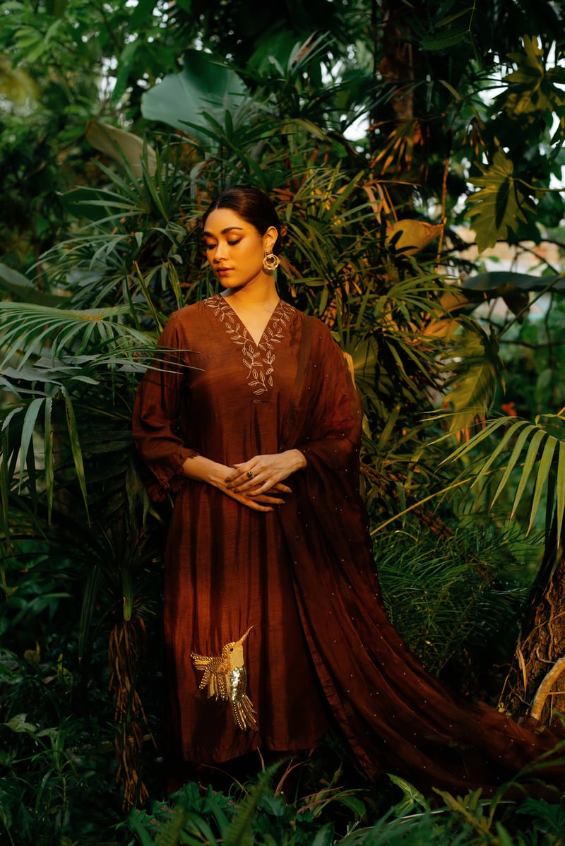 Brown A-Line Embroidered Kurta Set with Dupatta