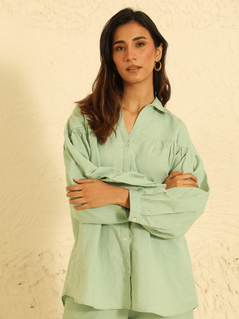 Sage Green Linen-Blend Shirt and Pants Co-ord Set
