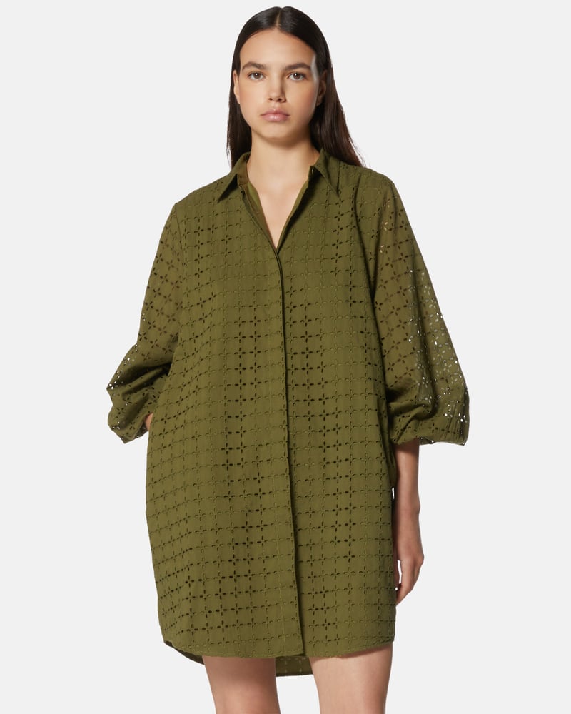 Olive Green Sangallo Cotton Shirt Dress with Cutwork