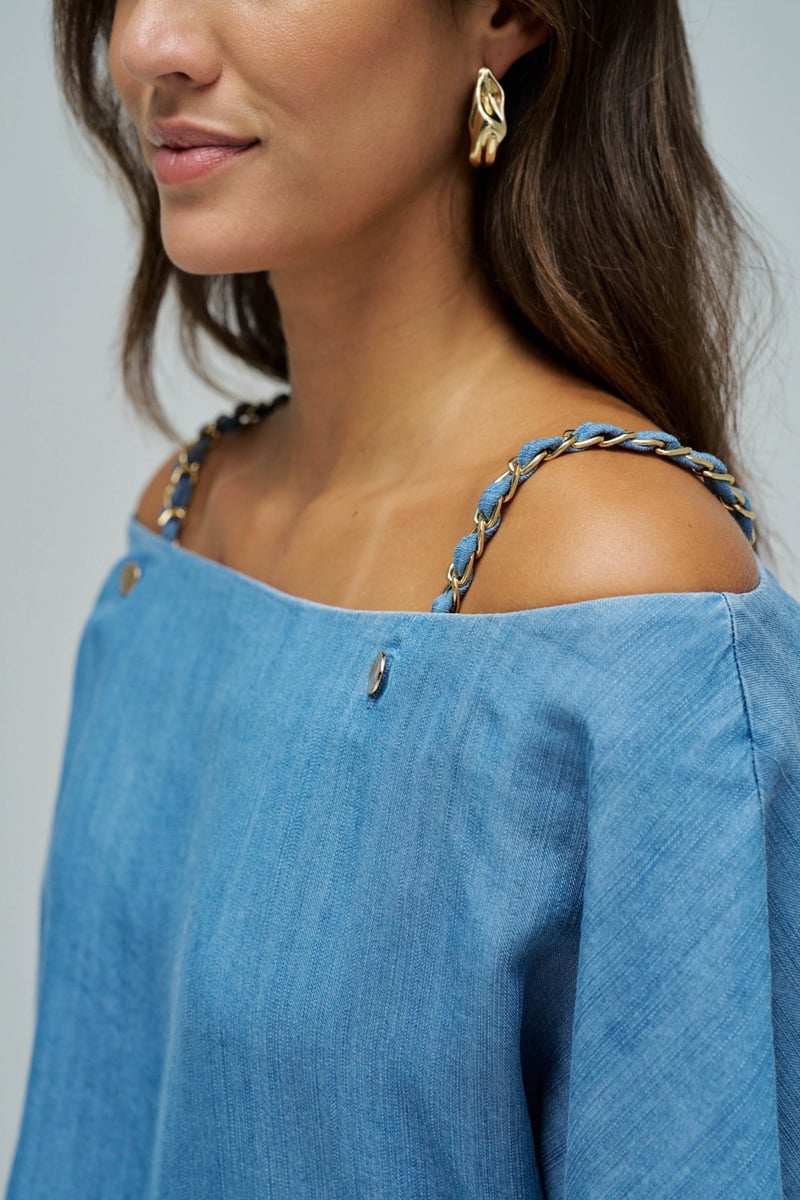 Light Wash Boat Neck Lyocell Top with Chain Straps