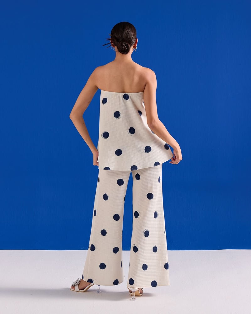 Blue/White Strapless Polka Dot Cotton Waffle Dress