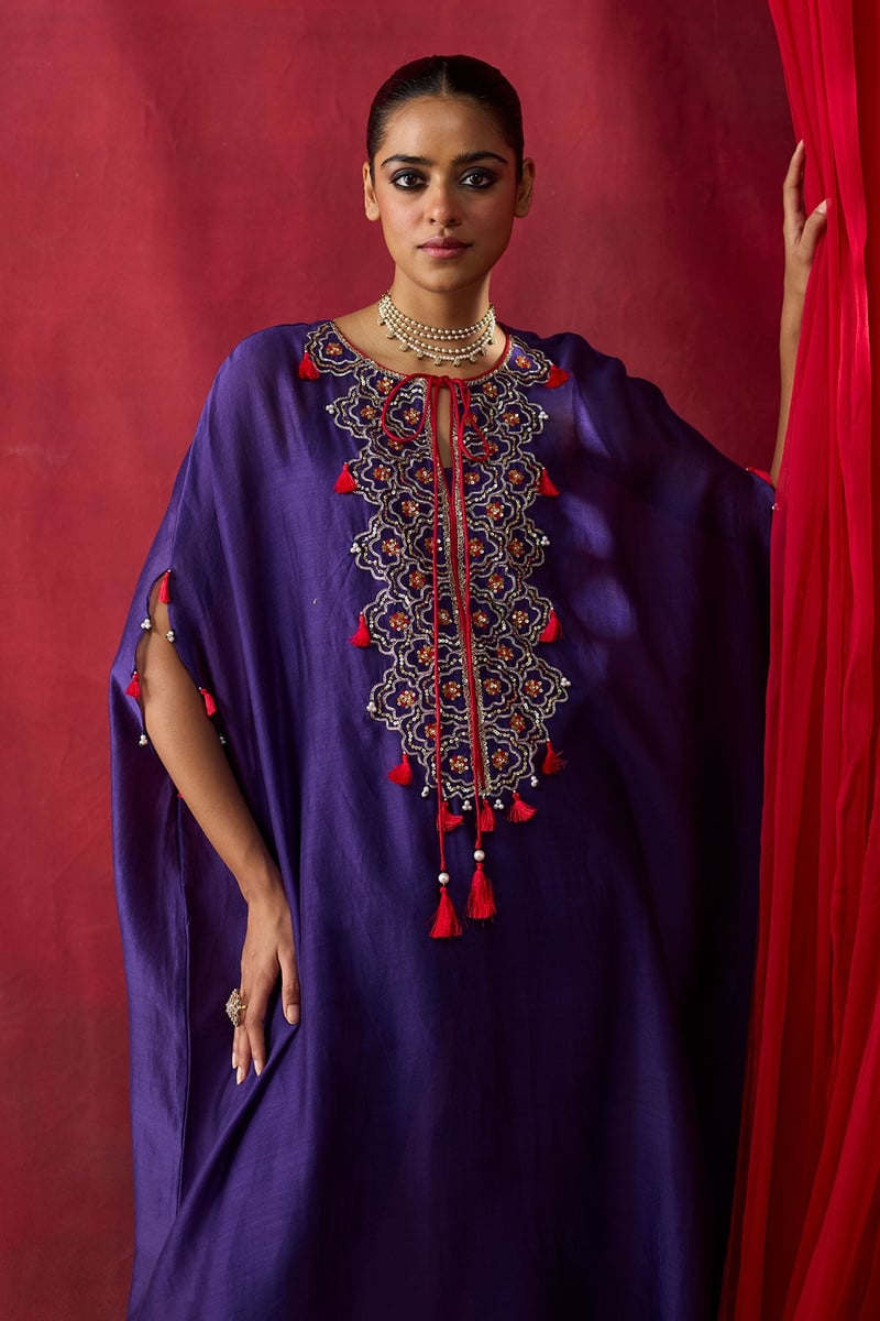 Purple Silk Chanderi Embroidered Kaftan Set with Slip