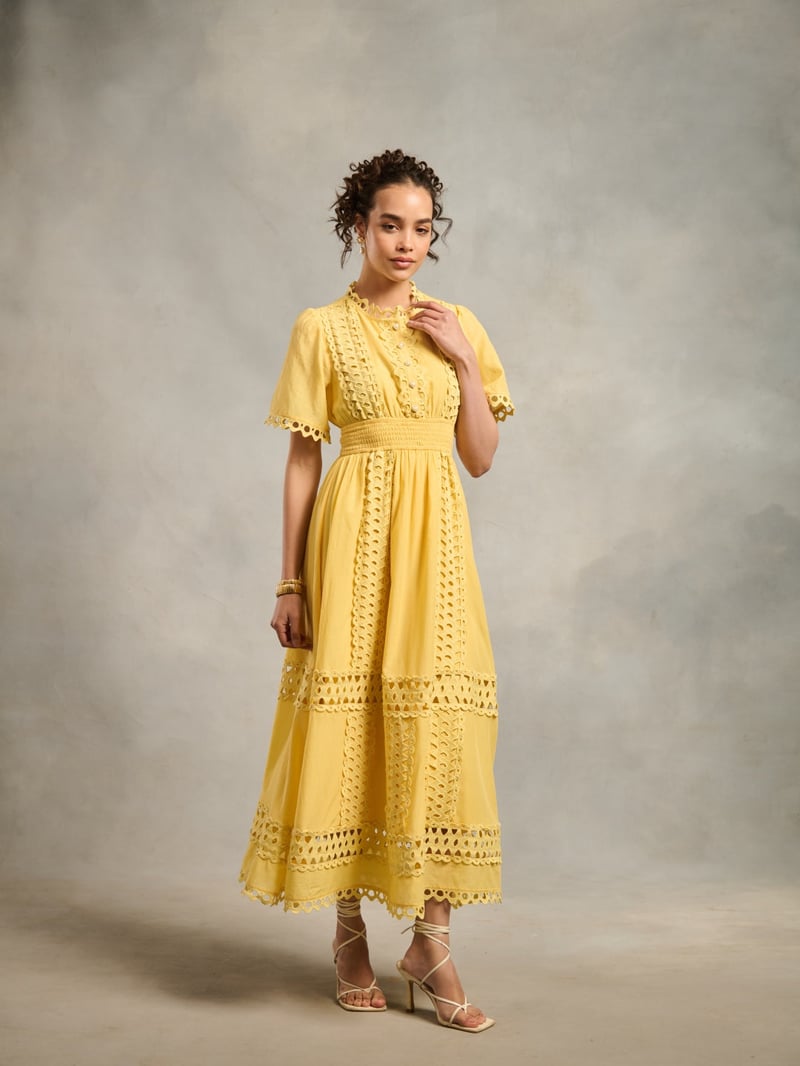 Yellow Lace Cutwork Fit and Flare Maxi Dress