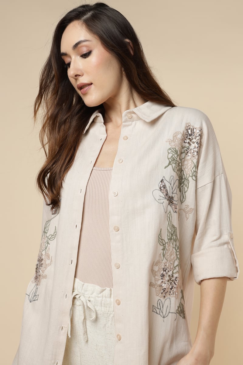 Natural Cotton Longline Embroidered Shirt