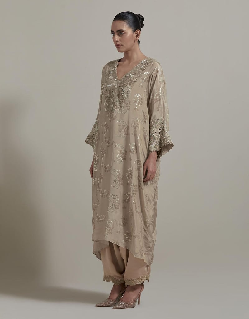 Beige Embroidered Kurta With Pants