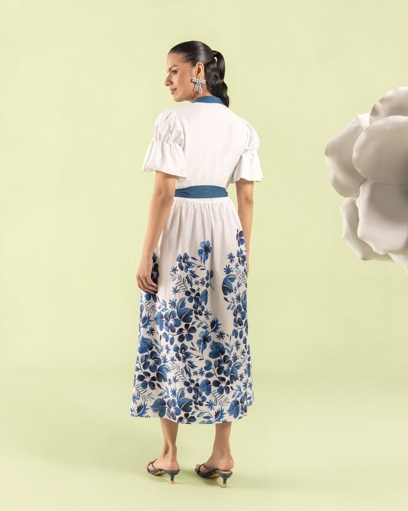 Blue/White Floral Midi Shirt Dress with Tie Belt