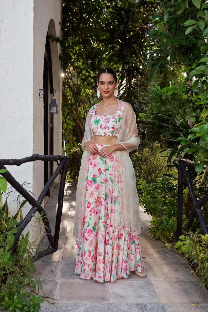 Ivory Floral Printed Lehenga Set with Organza Dupatta