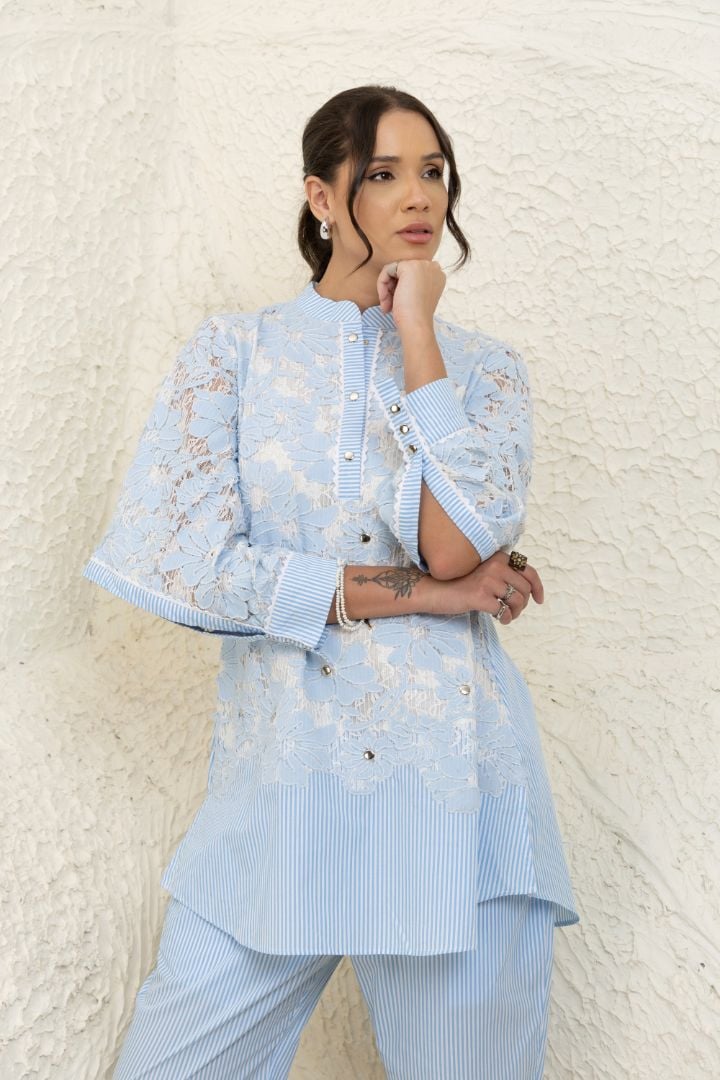 Blue Striped Lace Tunic and Pants Co-ord Set