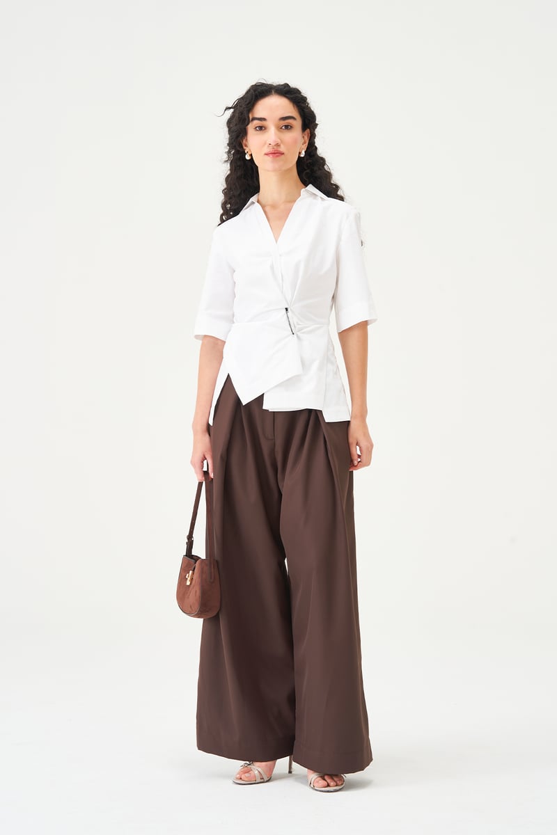 White Cotton Poplin Draped Waist Shirt — NOTEBOOK