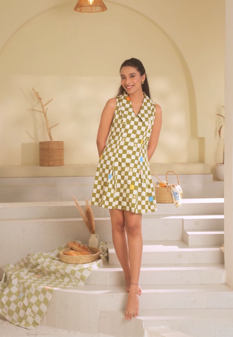 Green/White Checked Collared Button-Down Mini Dress