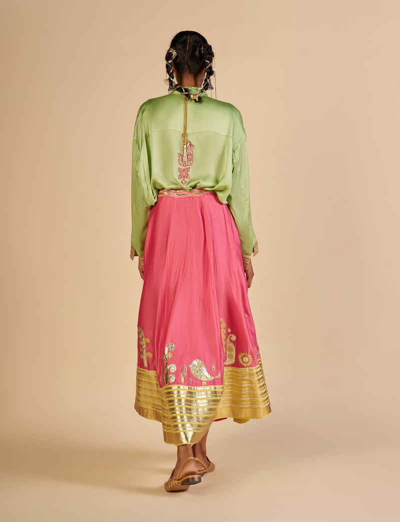Pink Silk Chanderi Maxi Skirt with Gota Border