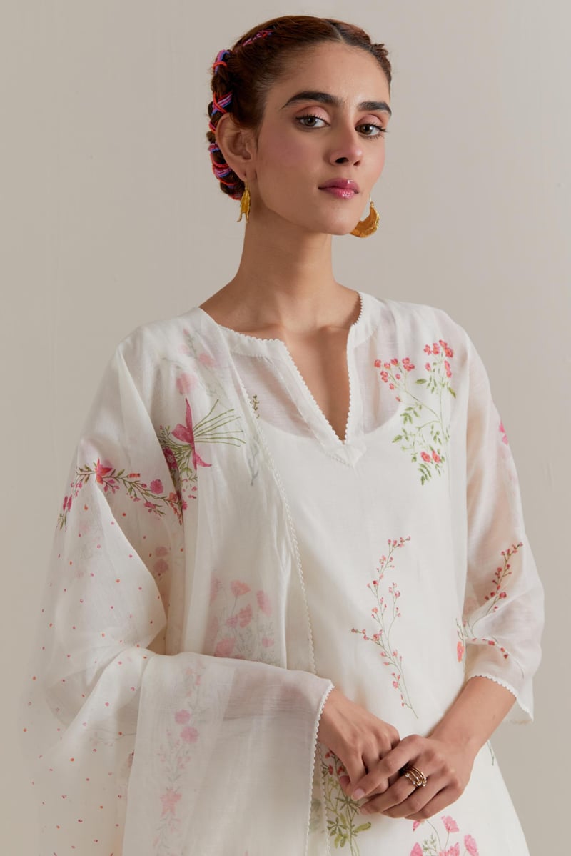 Off-White Floral Hand Block Print Kurta Set with Dupatta