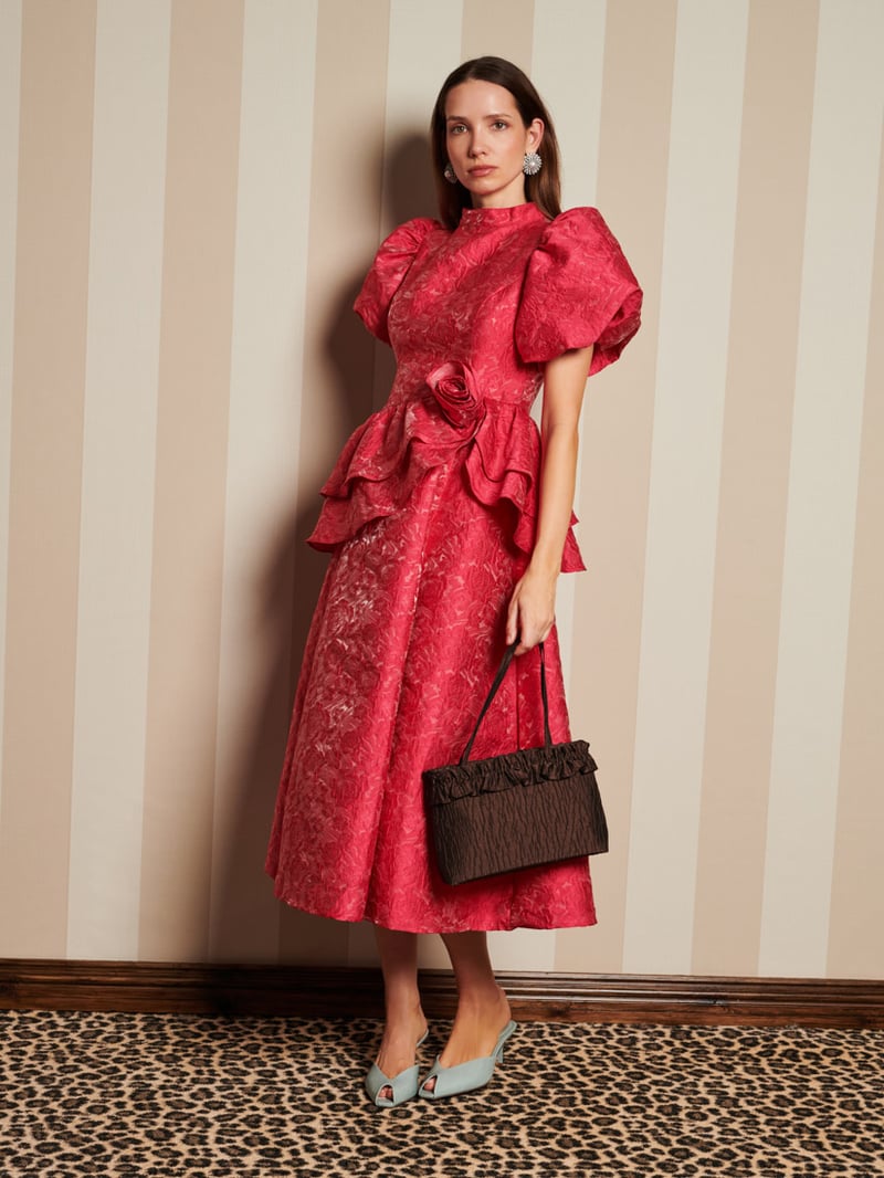 Pink Floral Jacquard Puff Sleeve Midi Dress