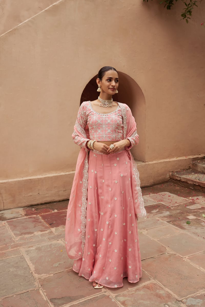 Pink Organza Embroidered Lehenga Set with Dupatta