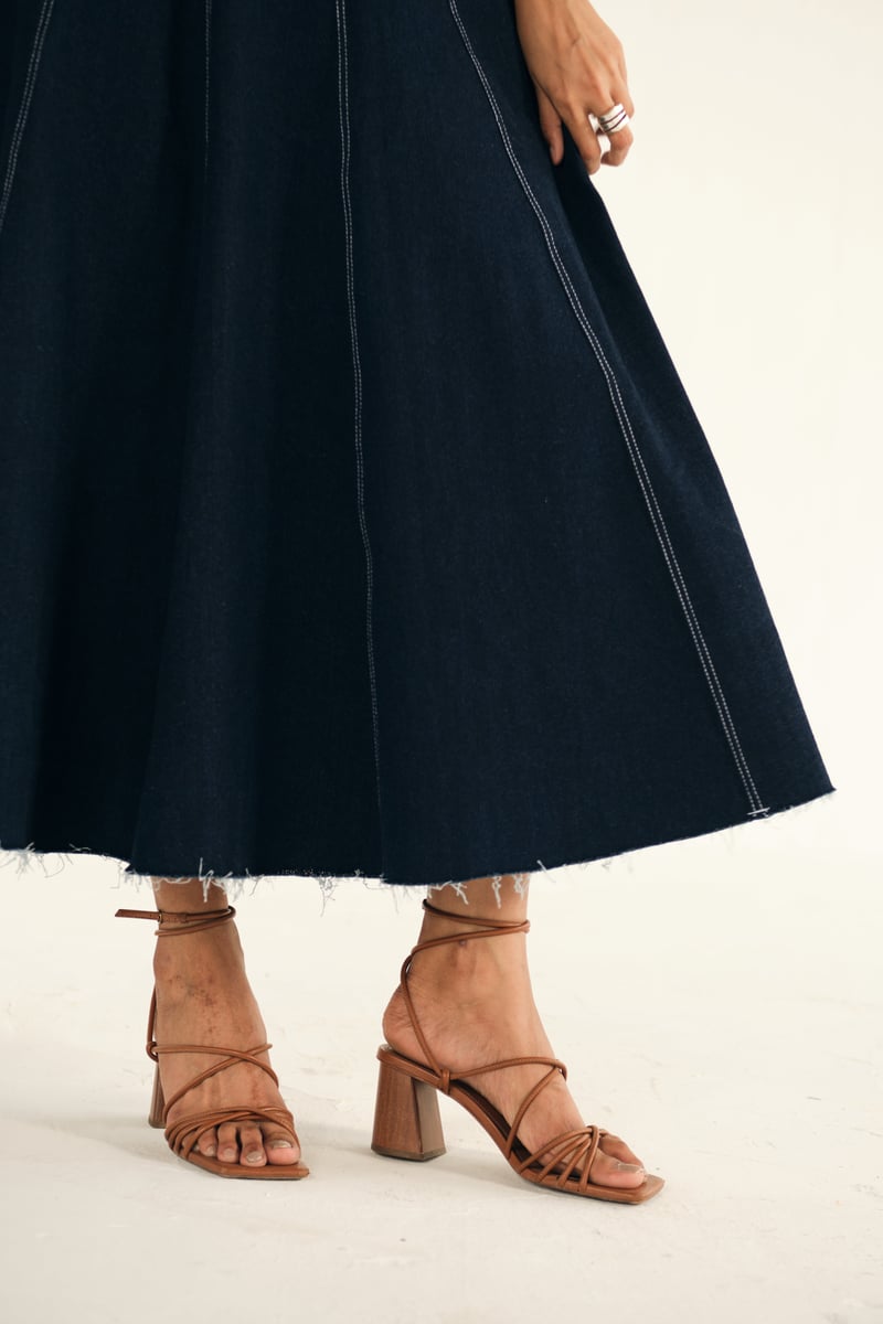 Blue Denim Square-Neck Panelled Midi Dress