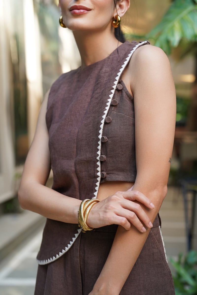 Mocha Linen Two-Piece Crop Top with Asymmetric Overlay