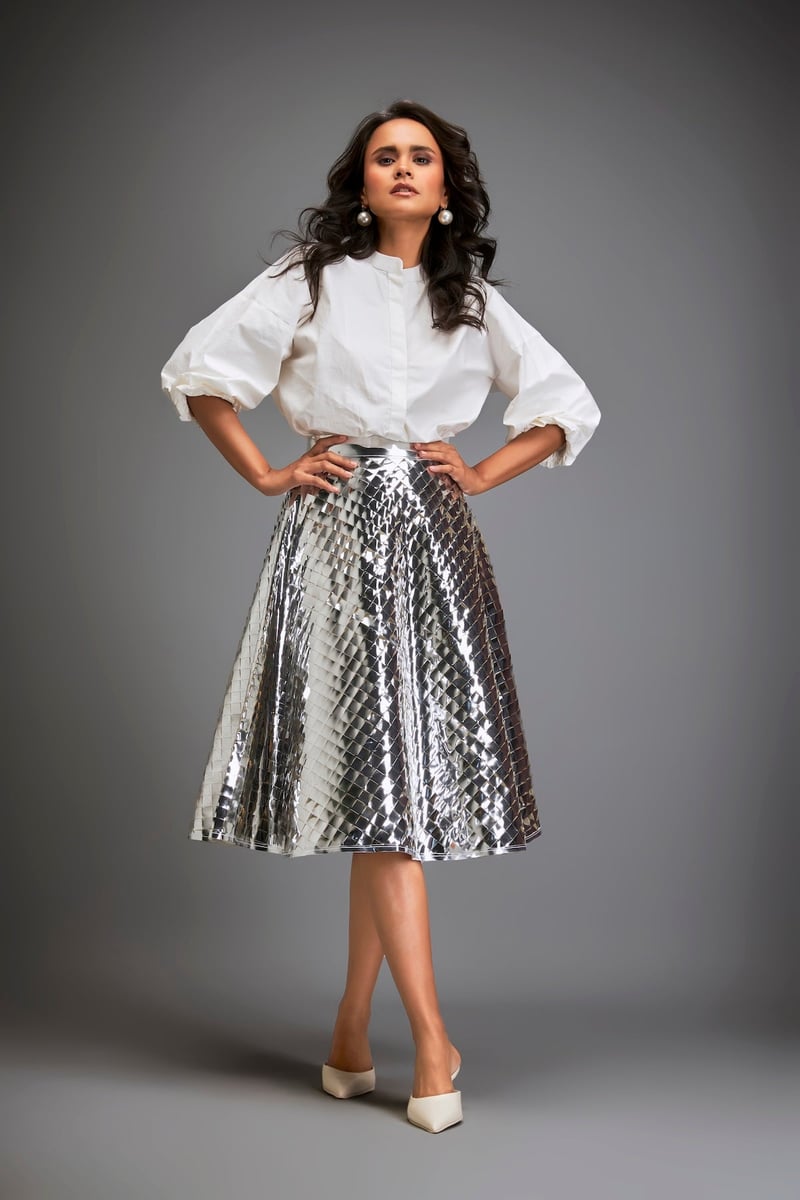 Silver Coloured Metallic 3-D Textured A-Line Skirt